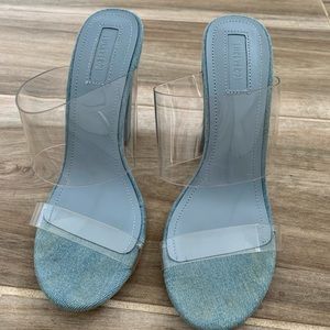 F21 denim and pvc heels